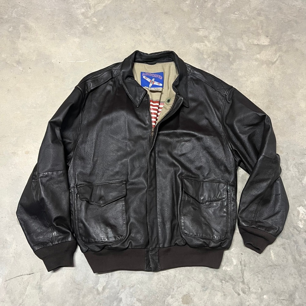 Vintage Airborne Leather Flight Jacket Mens 3XLT Black Bomber Aviator G-1 A-2